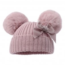 H678-DP: Dusty Pink Hat w/Pom Poms & Velvet Bow (0-12 Months)